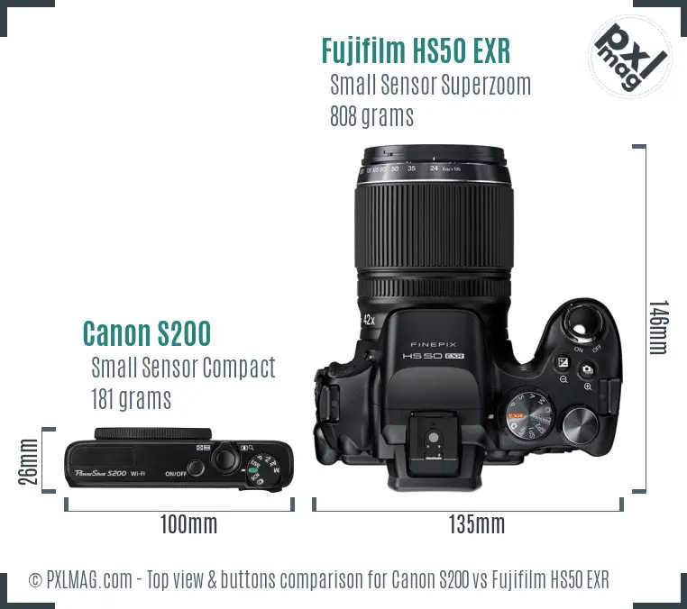 Canon S200 vs Fujifilm HS50 EXR top view buttons comparison
