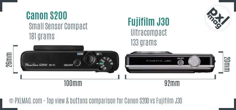 Canon S200 vs Fujifilm J30 top view buttons comparison
