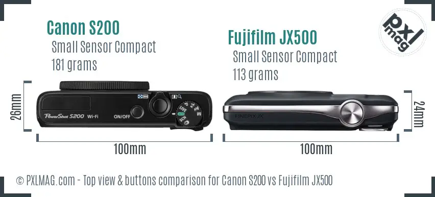 Canon S200 vs Fujifilm JX500 top view buttons comparison