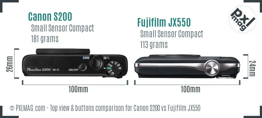 Canon S200 vs Fujifilm JX550 top view buttons comparison