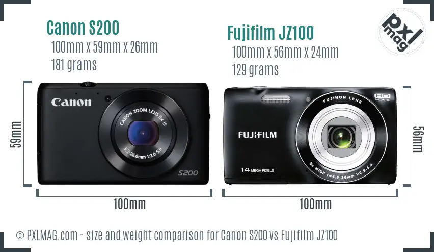 Canon S200 vs Fujifilm JZ100 size comparison