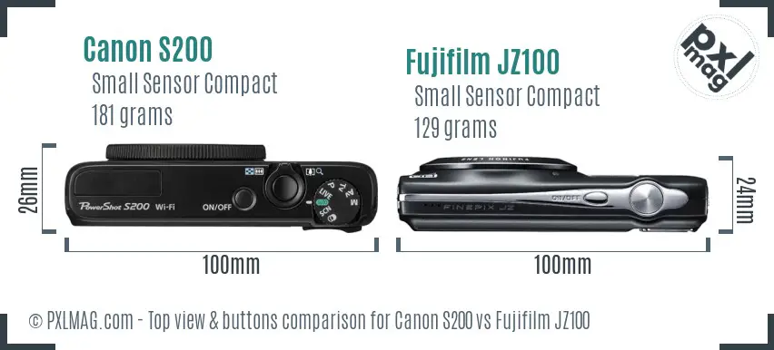 Canon S200 vs Fujifilm JZ100 top view buttons comparison