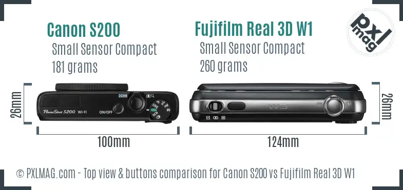 Canon S200 vs Fujifilm Real 3D W1 top view buttons comparison