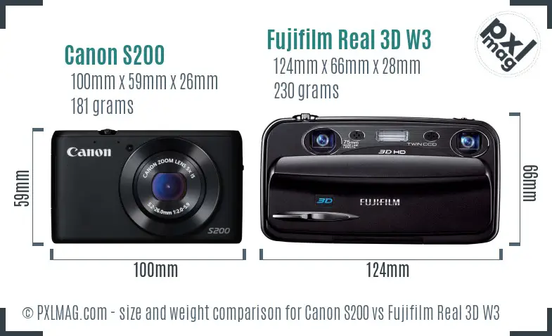 Canon S200 vs Fujifilm Real 3D W3 size comparison