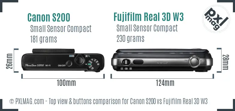 Canon S200 vs Fujifilm Real 3D W3 top view buttons comparison