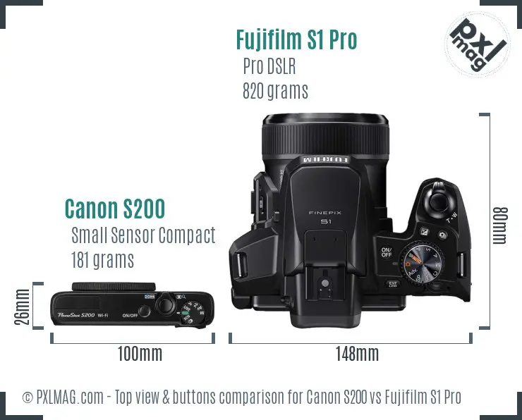 Canon S200 vs Fujifilm S1 Pro top view buttons comparison Canon S200 vs Fujifilm S1 Pro top view buttons comparison