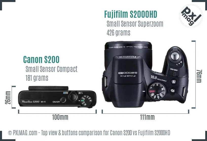 Canon S200 vs Fujifilm S2000HD top view buttons comparison