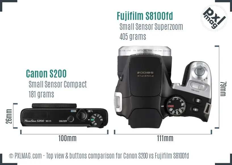 Canon S200 vs Fujifilm S8100fd top view buttons comparison