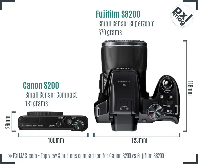 Canon S200 vs Fujifilm S8200 top view buttons comparison