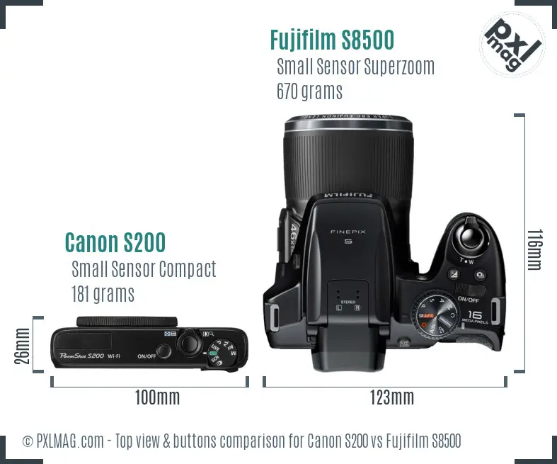 Canon S200 vs Fujifilm S8500 top view buttons comparison Canon S200 vs Fujifilm S8500 top view buttons comparison
