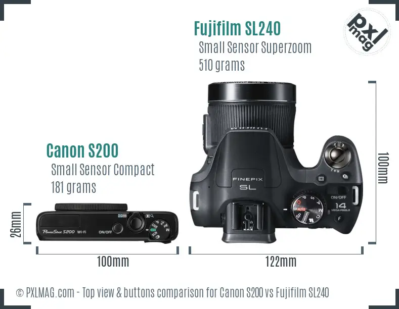 Canon S200 vs Fujifilm SL240 top view buttons comparison