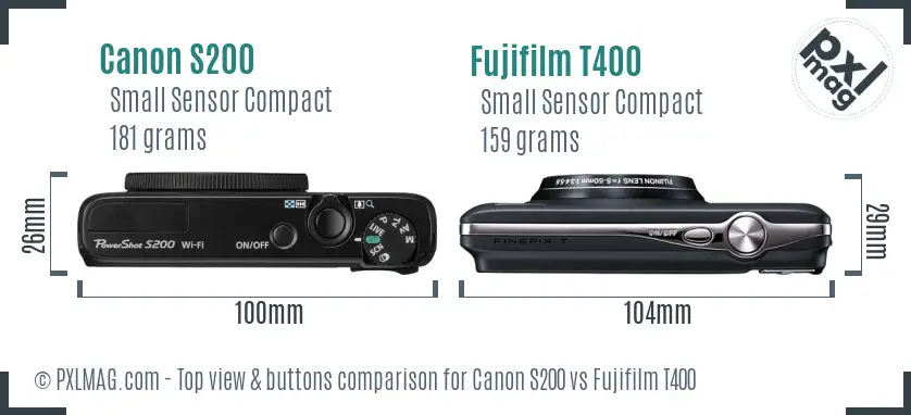 Canon S200 vs Fujifilm T400 top view buttons comparison