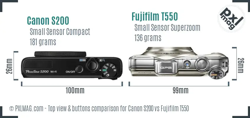 Canon S200 vs Fujifilm T550 top view buttons comparison
