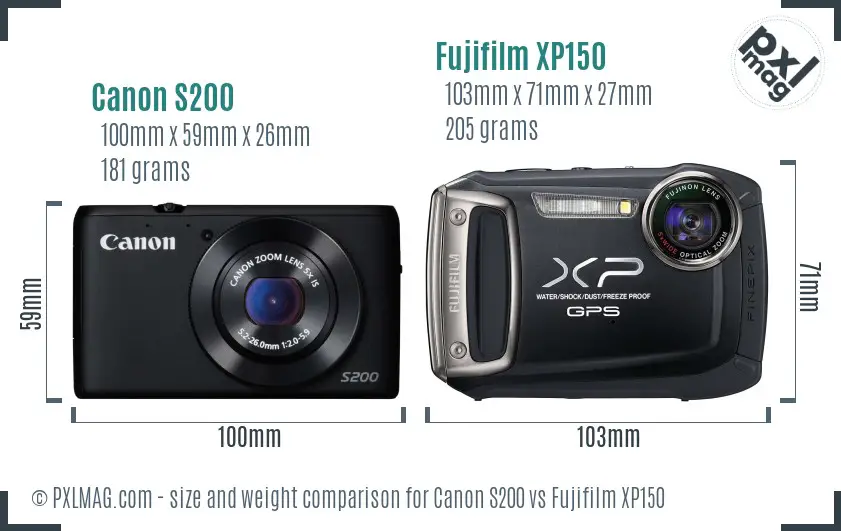 Canon S200 vs Fujifilm XP150 size comparison