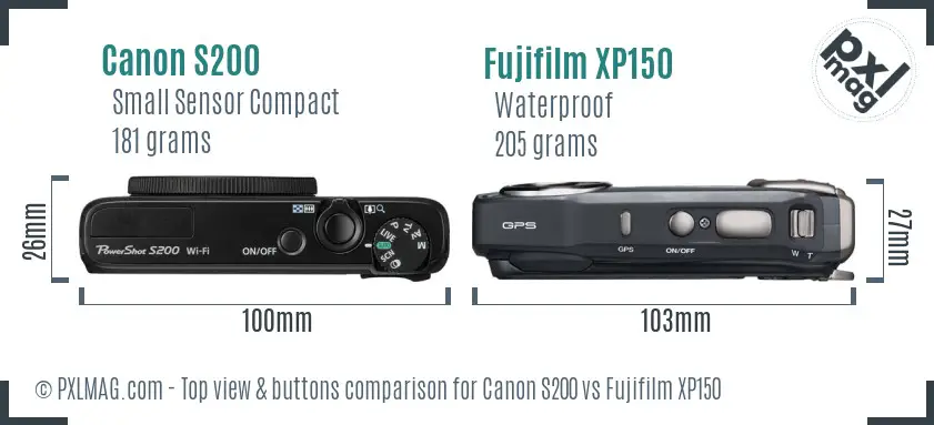 Canon S200 vs Fujifilm XP150 top view buttons comparison