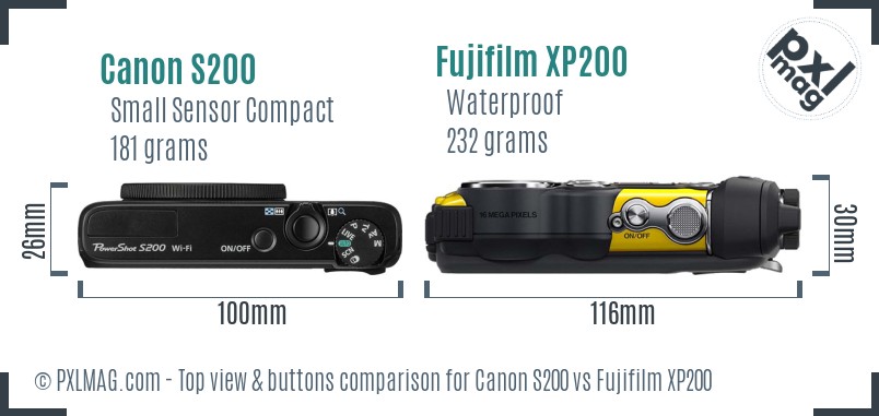 Canon S200 vs Fujifilm XP200 top view buttons comparison