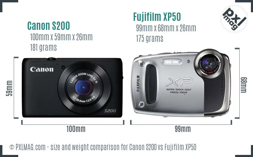 Canon S200 vs Fujifilm XP50 size comparison Canon S200 vs Fujifilm XP50 size comparison
