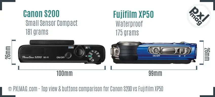 Canon S200 vs Fujifilm XP50 top view buttons comparison Canon S200 vs Fujifilm XP50 top view buttons comparison