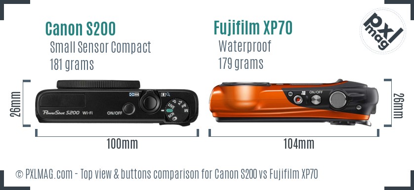 Canon S200 vs Fujifilm XP70 top view buttons comparison