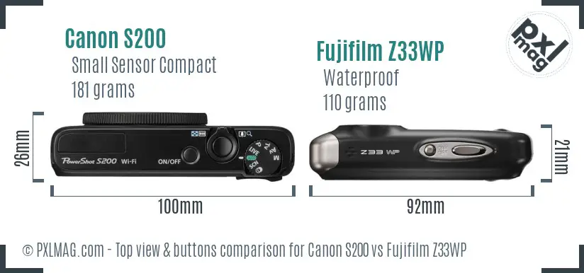 Canon S200 vs Fujifilm Z33WP top view buttons comparison