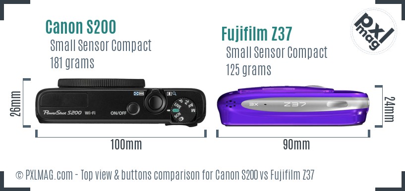 Canon S200 vs Fujifilm Z37 top view buttons comparison