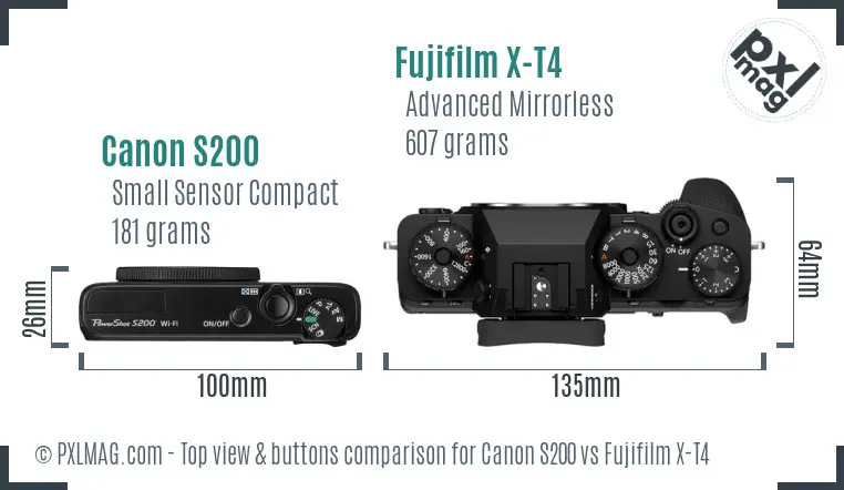 Canon S200 vs Fujifilm X-T4 top view buttons comparison