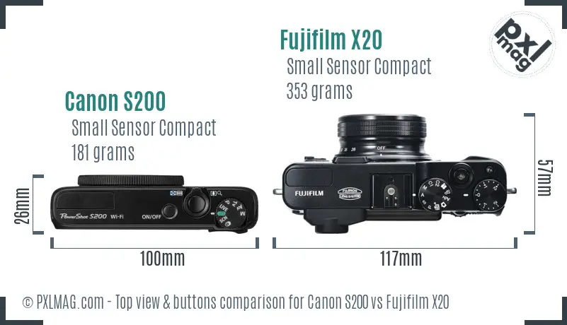 Canon S200 vs Fujifilm X20 top view buttons comparison