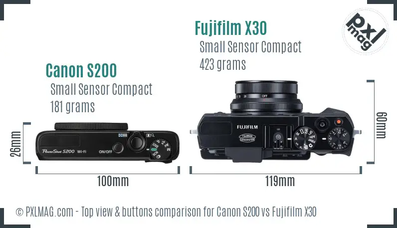 Canon S200 vs Fujifilm X30 top view buttons comparison