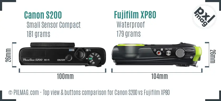 Canon S200 vs Fujifilm XP80 top view buttons comparison Canon S200 vs Fujifilm XP80 top view buttons comparison