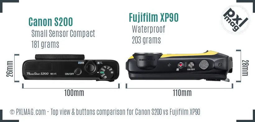 Canon S200 vs Fujifilm XP90 top view buttons comparison