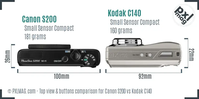 Canon S200 vs Kodak C140 top view buttons comparison