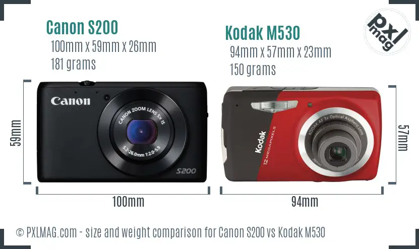 Canon S200 vs Kodak M530 size comparison