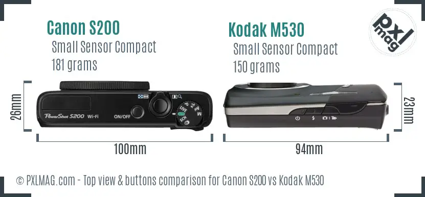 Canon S200 vs Kodak M530 top view buttons comparison