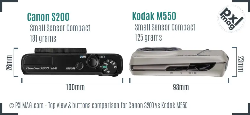 Canon S200 vs Kodak M550 top view buttons comparison