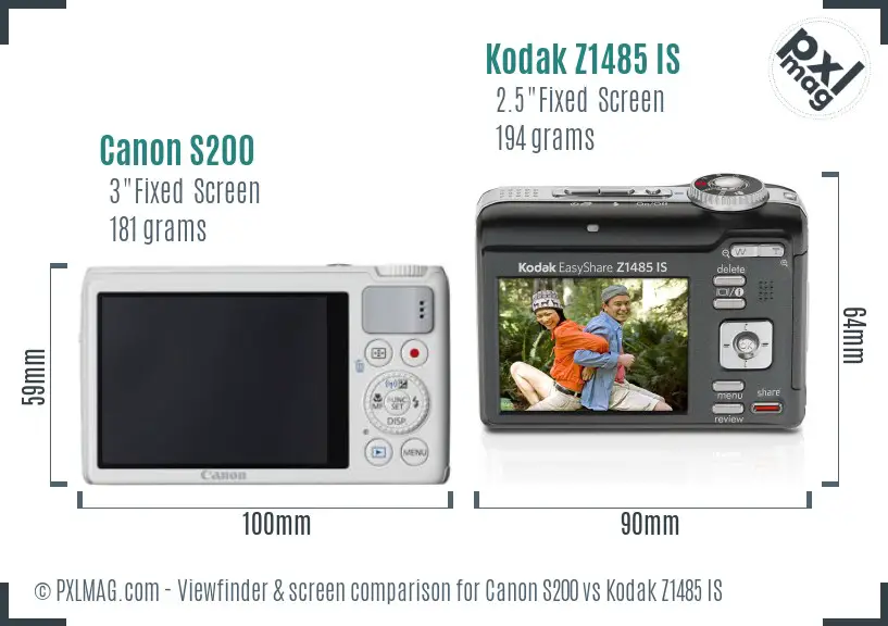 Canon S200 vs Kodak Z1485 IS Screen and Viewfinder comparison