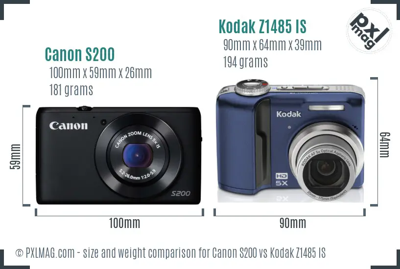 Canon S200 vs Kodak Z1485 IS size comparison