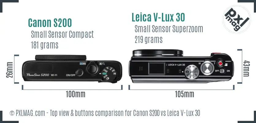 Canon S200 vs Leica V-Lux 30 top view buttons comparison