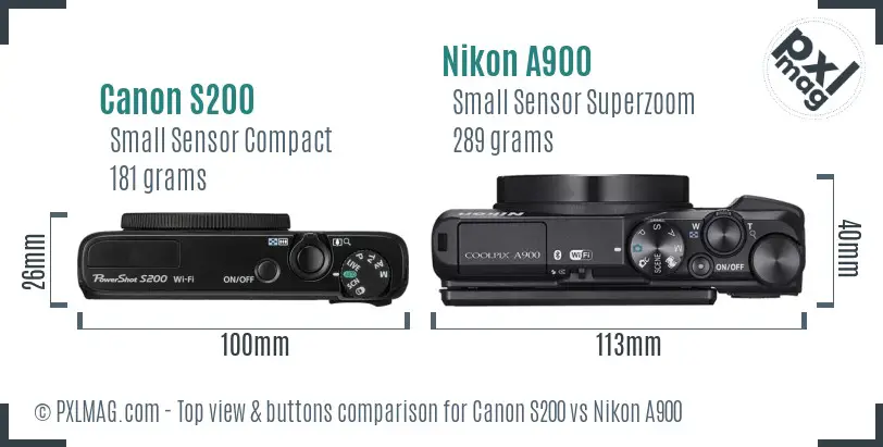 Canon S200 vs Nikon A900 top view buttons comparison