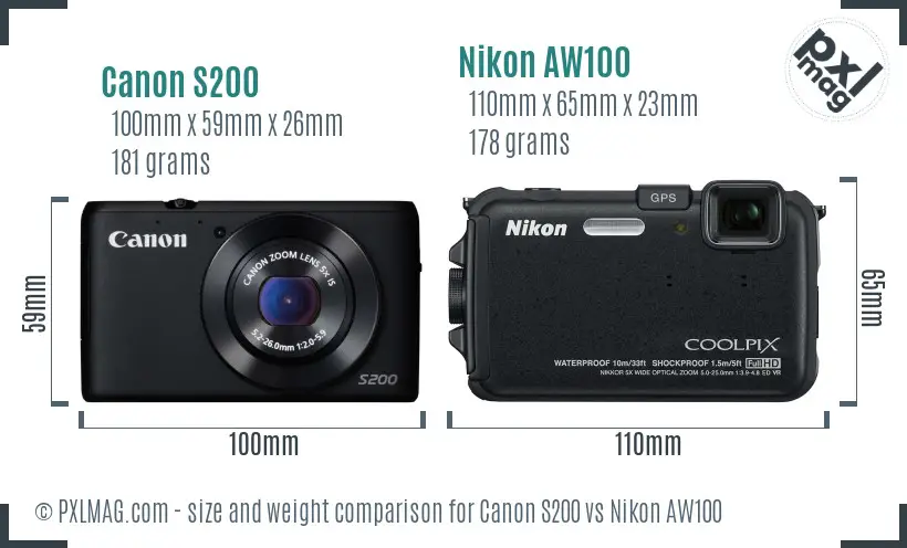 Canon S200 vs Nikon AW100 size comparison