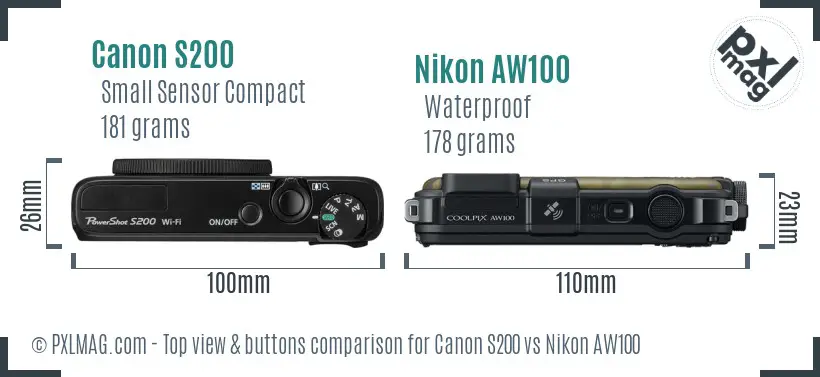 Canon S200 vs Nikon AW100 top view buttons comparison
