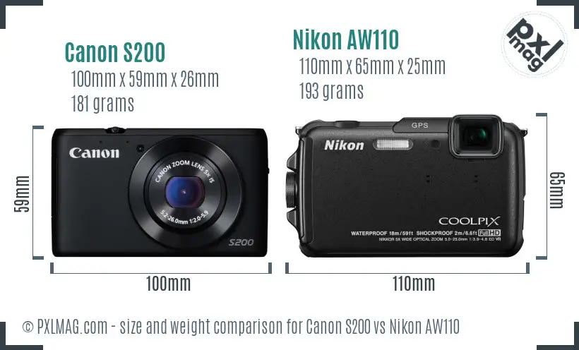 Canon S200 vs Nikon AW110 size comparison