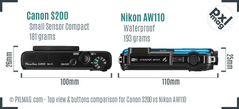 Canon S200 vs Nikon AW110 top view buttons comparison