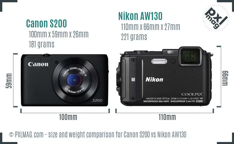 Canon S200 vs Nikon AW130 size comparison Canon S200 vs Nikon AW130 size comparison