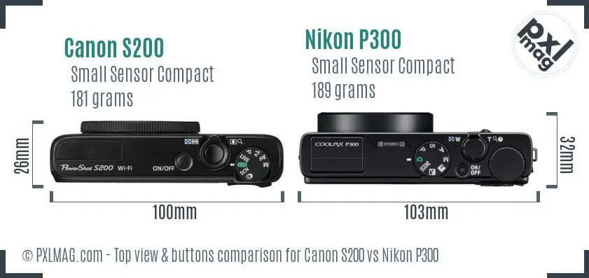 Canon S200 vs Nikon P300 top view buttons comparison Canon S200 vs Nikon P300 top view buttons comparison