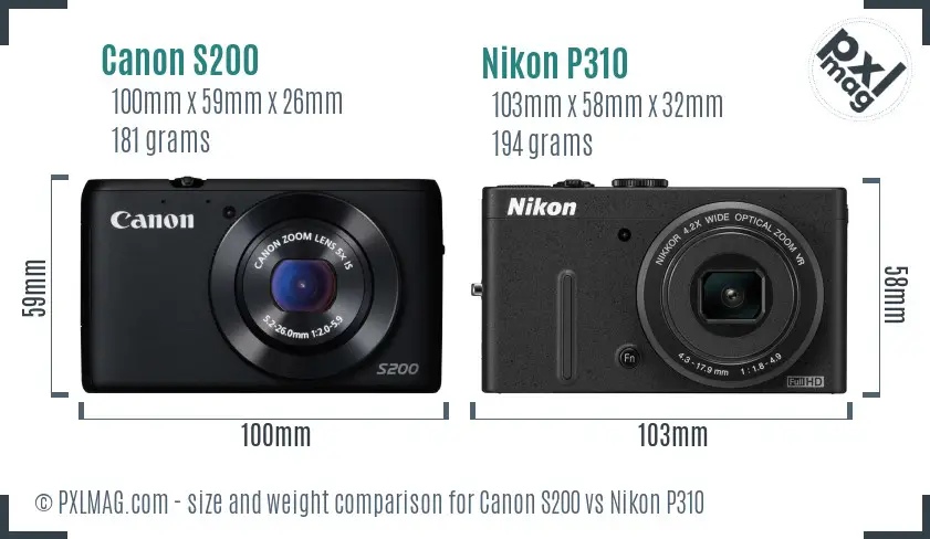 Canon S200 vs Nikon P310 size comparison