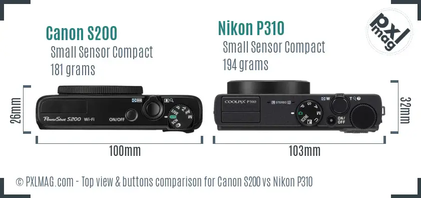 Canon S200 vs Nikon P310 top view buttons comparison