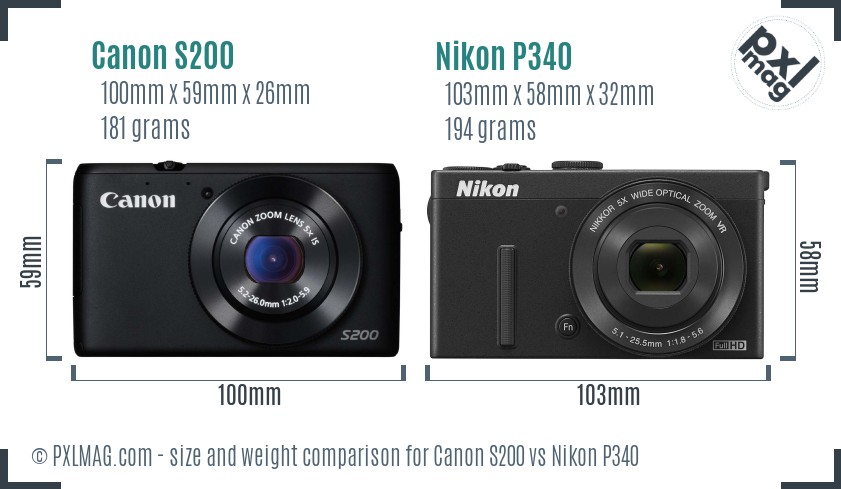 Canon S200 vs Nikon P340 size comparison