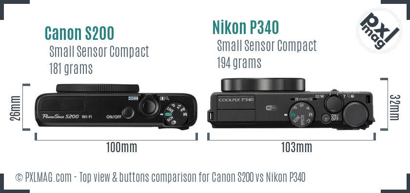 Canon S200 vs Nikon P340 top view buttons comparison