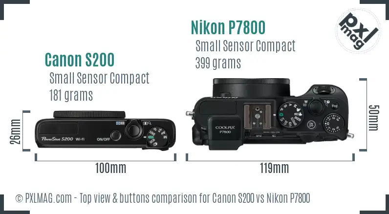 Canon S200 vs Nikon P7800 top view buttons comparison