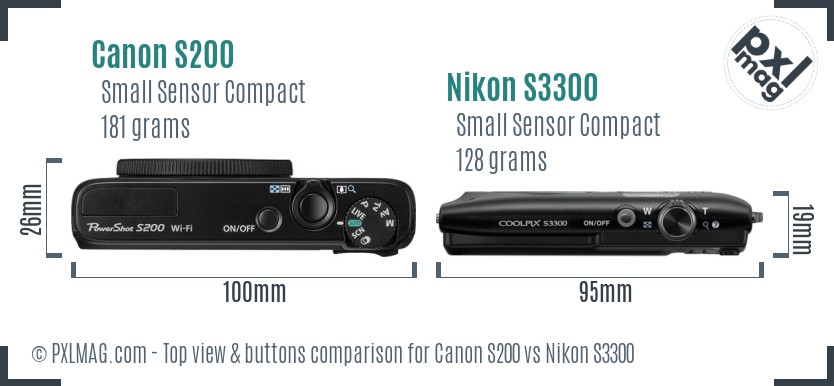 Canon S200 vs Nikon S3300 top view buttons comparison